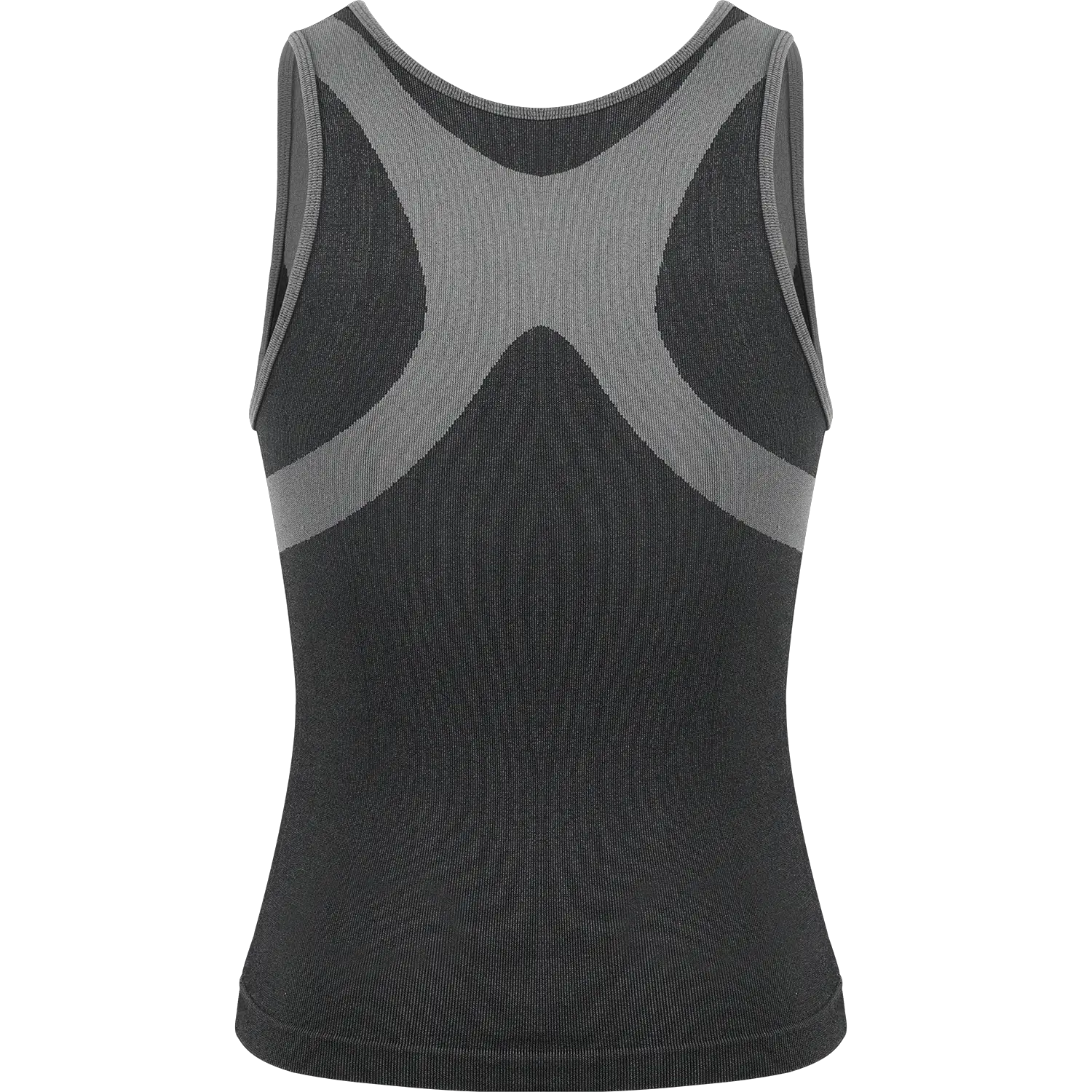 Men's shapewear slimming body shaper tank top with cross-elastic gray bands on black knit fabric