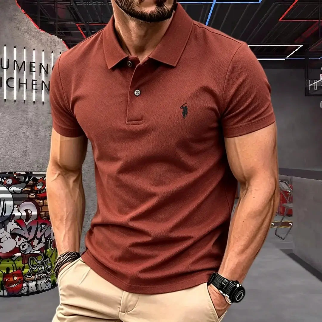 Men's rust cotton polo shirt with small pony embroidery and short sleeves