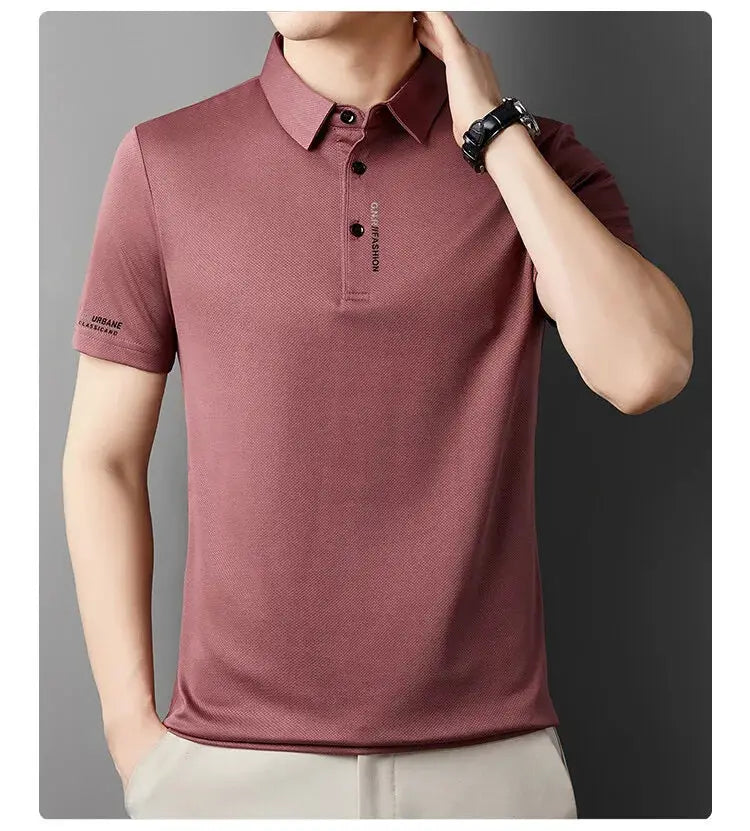Men's pink ice silk polo shirt, short sleeves, casual golf top.