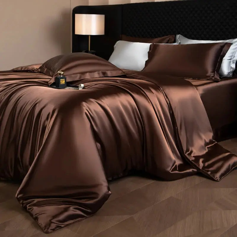 Simples Market silk brown bedding set with duvet cover, fitted and flat sheets, and pillowcases