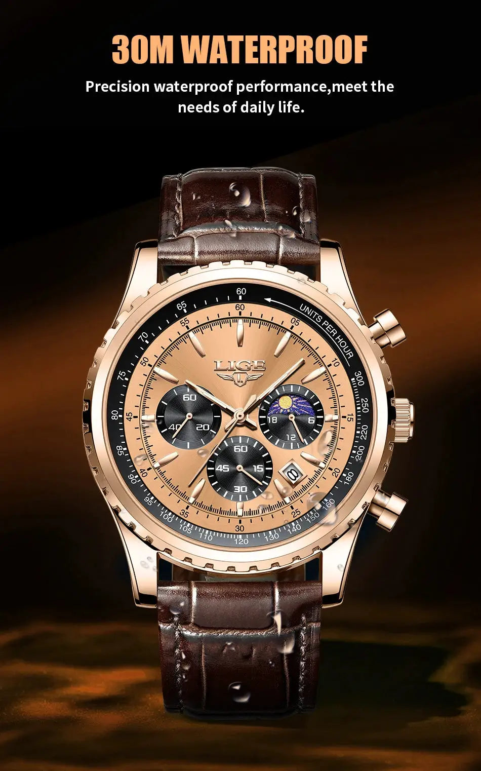 LIGE men's luxury quartz wristwatch; rose-gold case, brown leather strap, chronograph subdials, date window