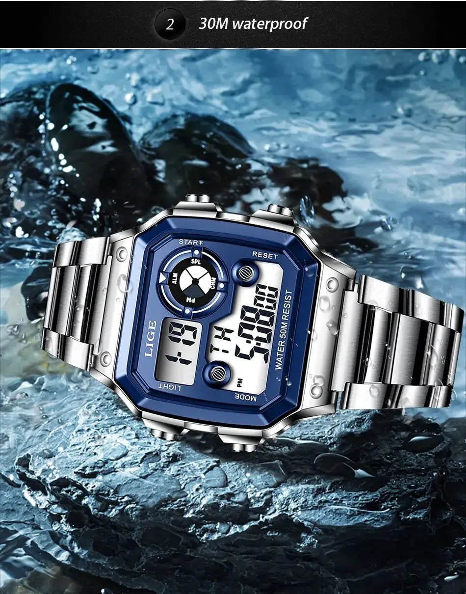 LIGE men's digital sport watch with blue bezel and stainless steel band; 50m water resistant
