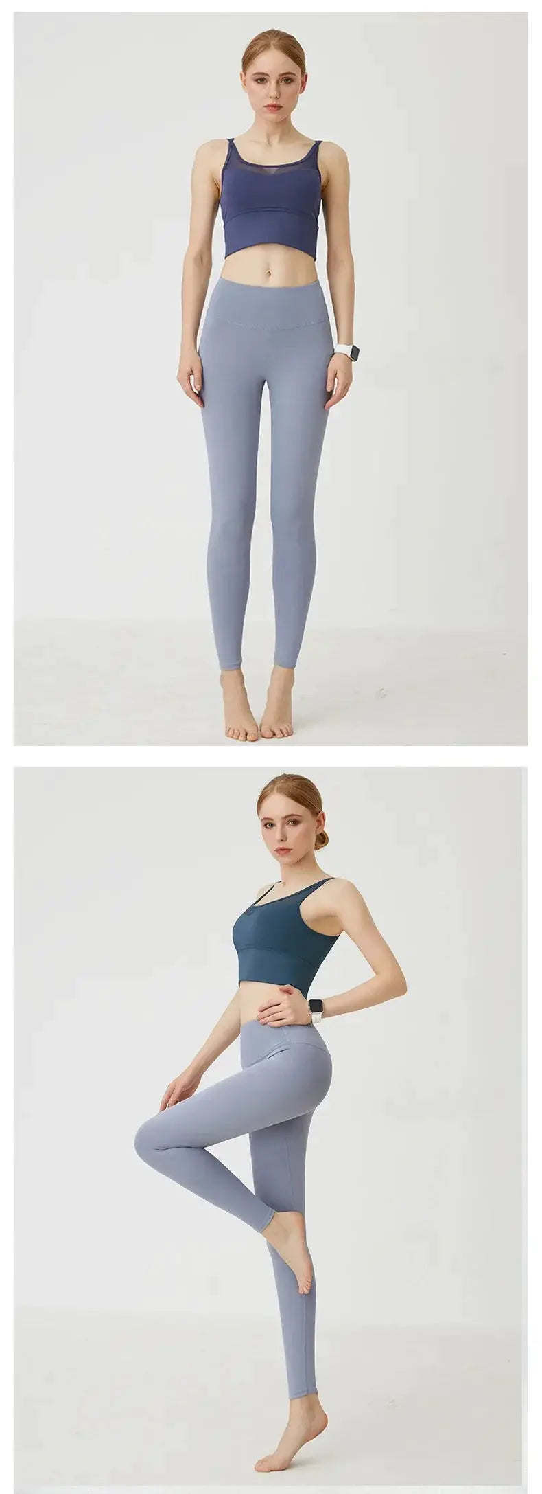 UPF50+ Women Yoga Leggings in light blue, high-waist athletic leggings, two looks