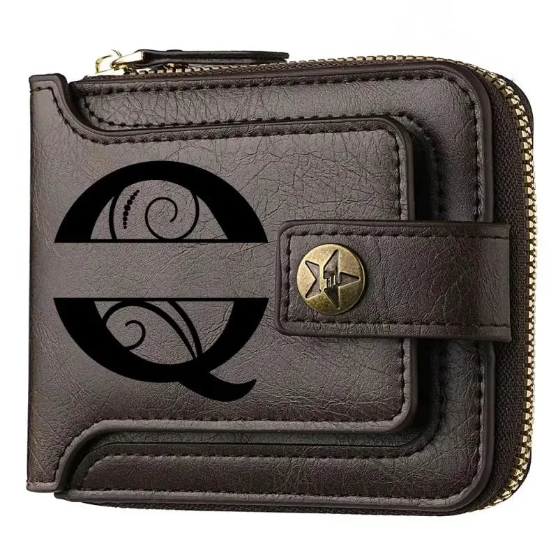 Wallet: brown PU leather bifold with zip-around closure and Q-style logo by Simples Market