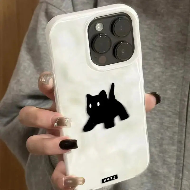 Simples Market cute black cat shockproof phone case for iPhone 11–17 Pro Max, white marble finish