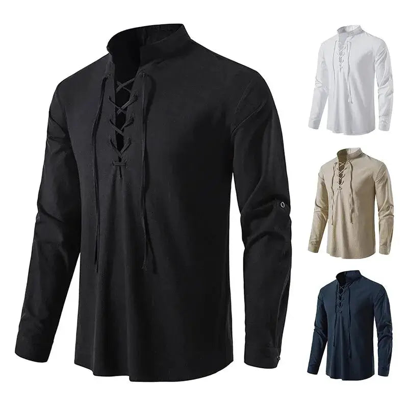 King Billion Mens Cotton Linen Long Sleeve Shirt Vintage English Style With Drawstring Neck US Size Spring Autumn