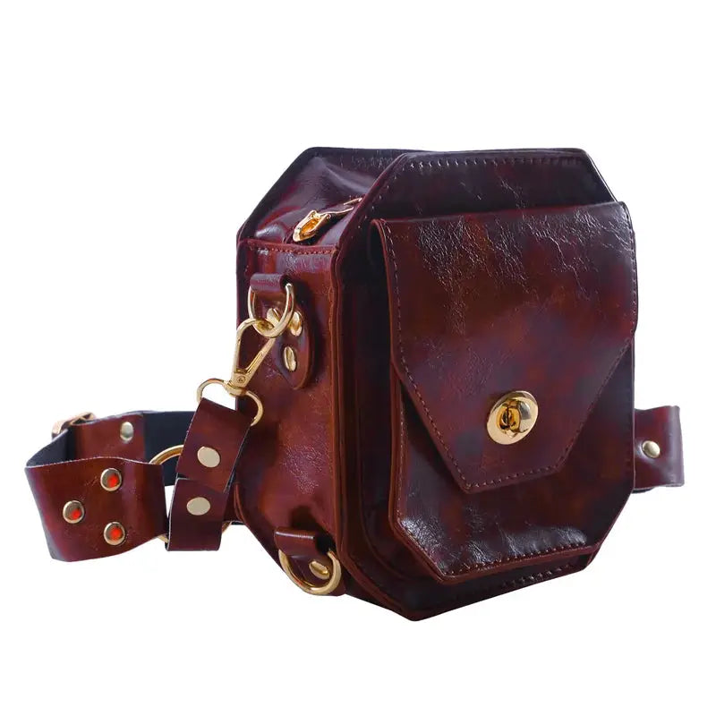 Punk Retro PU waist bag, brown mini square hip pack with gold hardware and crossbody strap