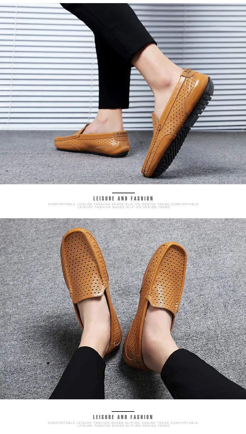 Men's tan genuine leather loafers with perforated hollow-out design, Simples Market slip-on driving shoes