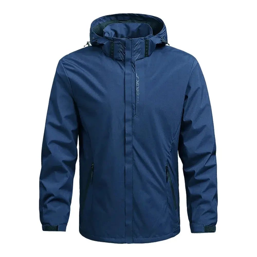 Simples Market men's navy blue hooded waterproof rain jacket, lightweight outdoor windproof coat.