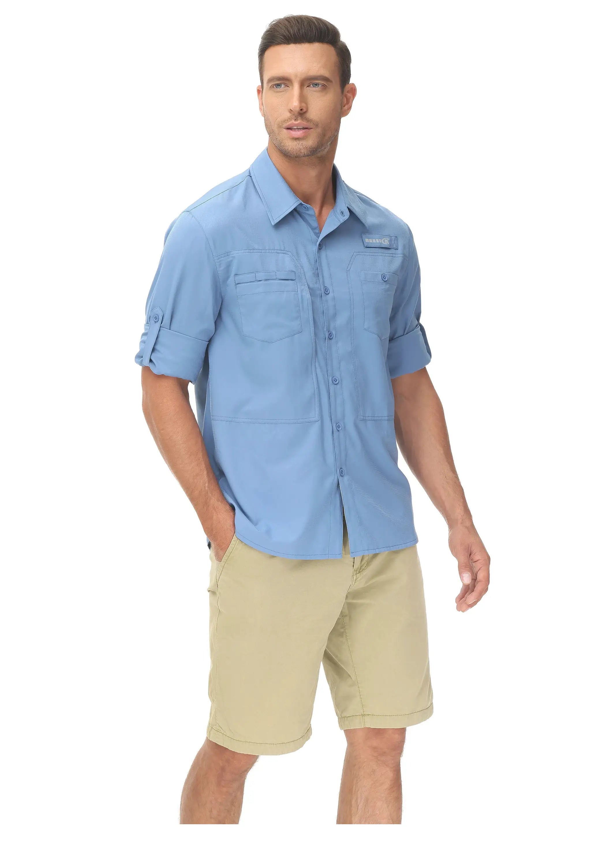 Men's light-blue long-sleeve fishing shirt with rolled sleeves and multiple chest pockets, zippered pocket