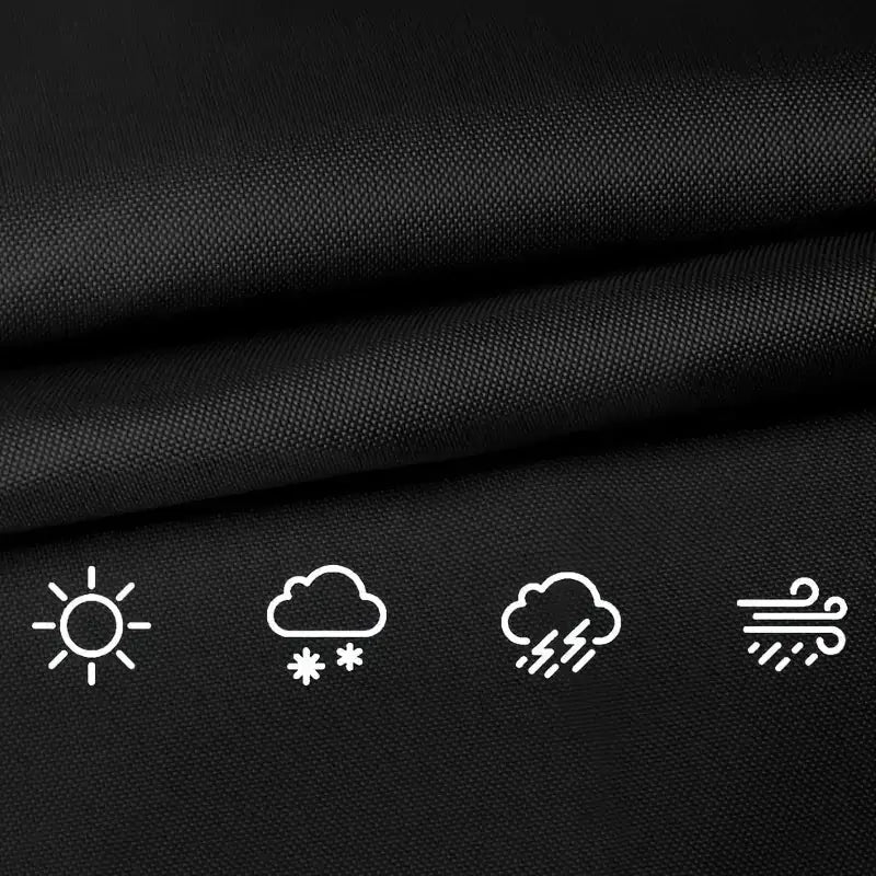 Patio furniture covers in black textured fabric; heavy-duty waterproof outdoor covers with weatherproof icons.