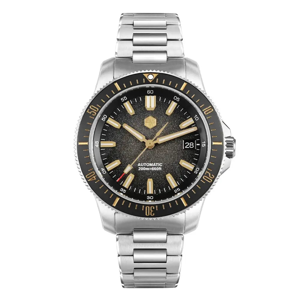 Simples Market San Martin 40mm dive watch, stainless steel bracelet, black dial with gold indices, NH35 automatic, 200m