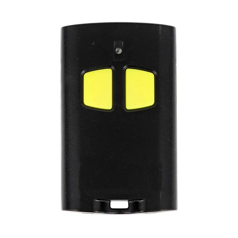 Garage gate remote control, black plastic with two yellow buttons