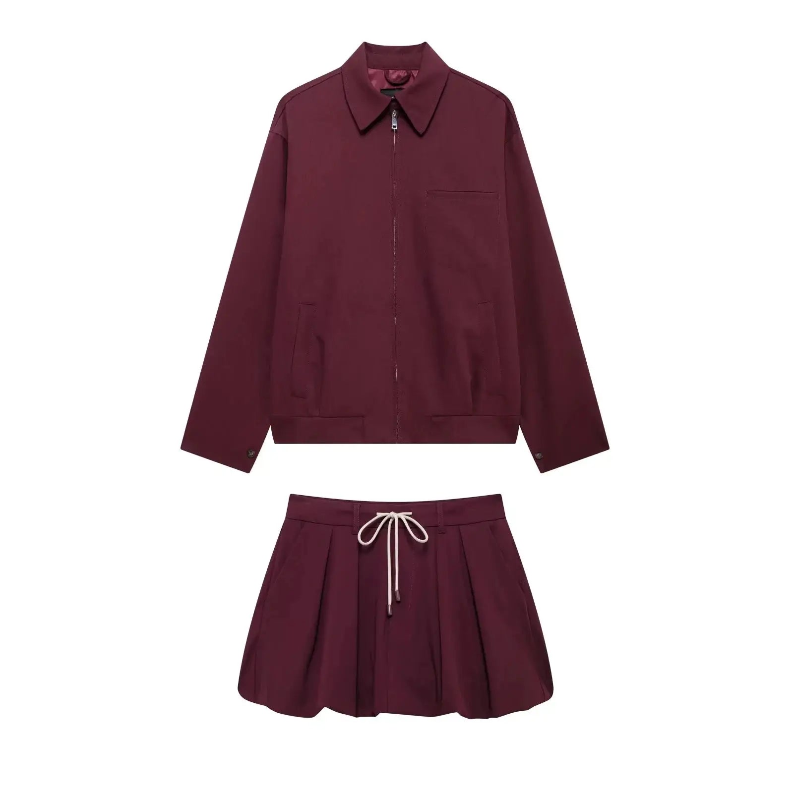 Casual Women Two Piece Set Lace Up Jacket Lantern Sleeve Mini Skirt