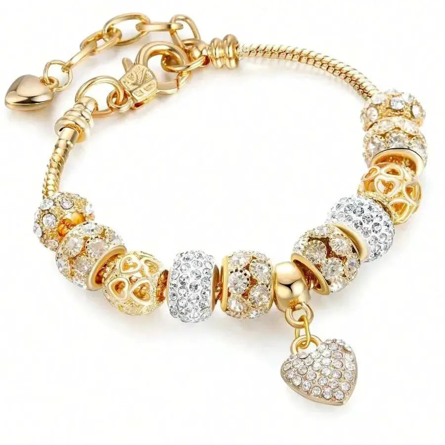 Obega Love Heart Flower Glass Pendant Charm Bracelet Pink White Crystal Stone Adjustable Bead Jewelry Silver Gold Color