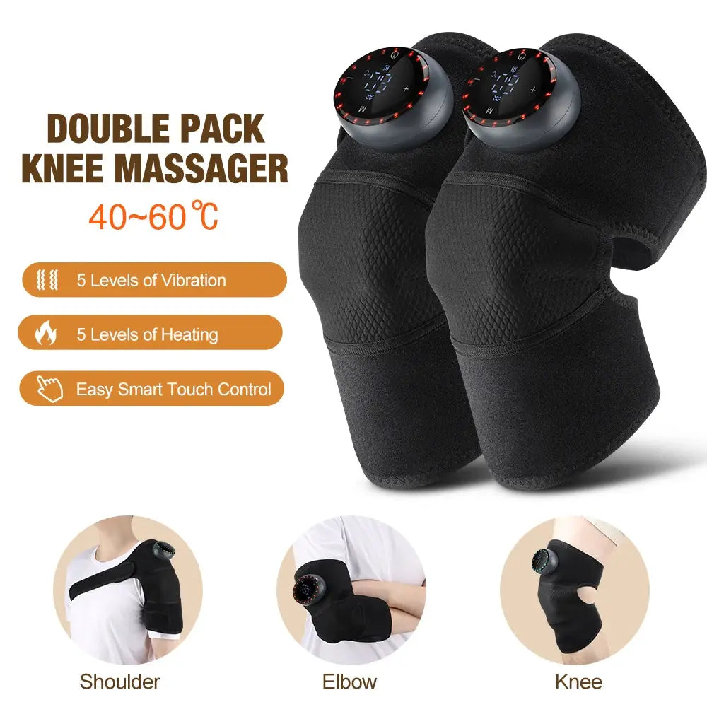 Knee massager set, double-pack by Simples Market; black neoprene knee pads with digital controls, heating and vibration.