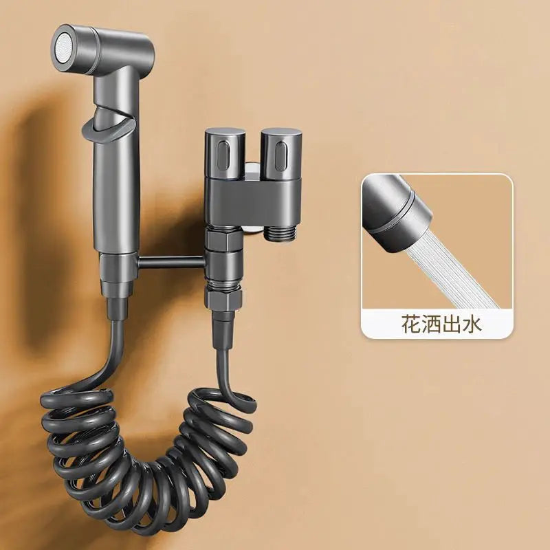 Wall-mounted bidet sprayer with double-outlet angle valve and coiled hose in metallic gray finish