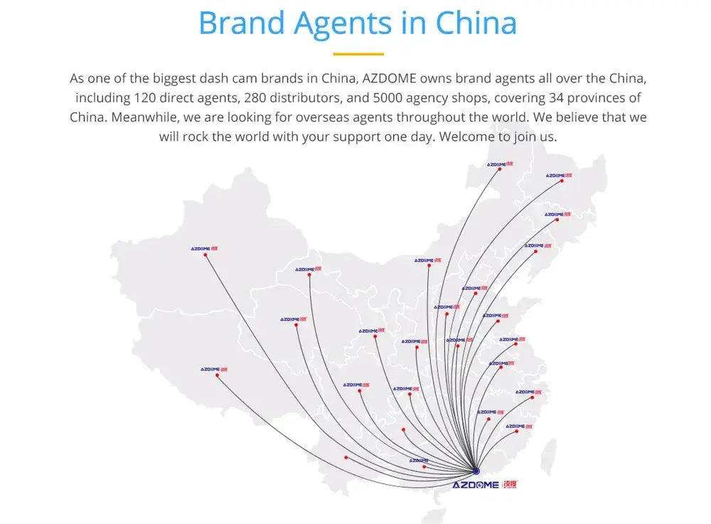 AZDOME dash cam brand agents map across China with city connections