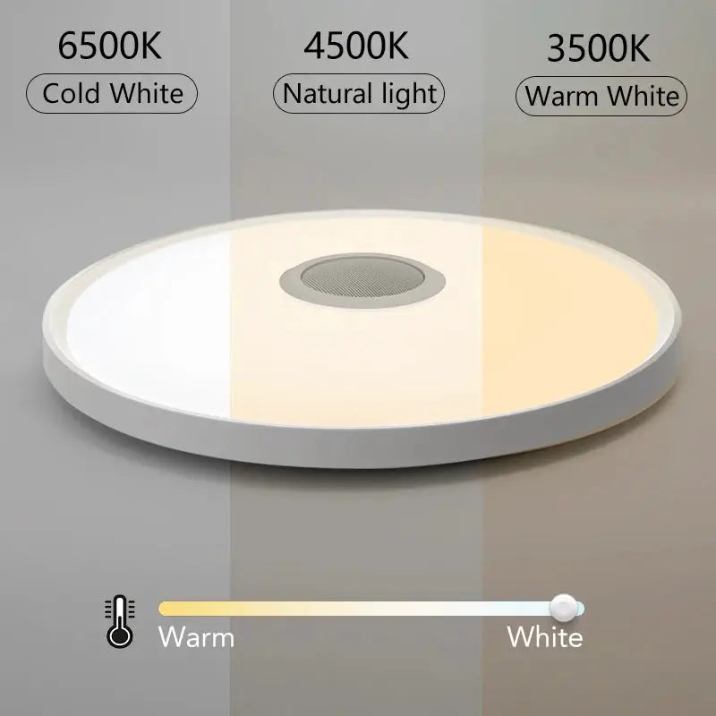 LED smart ceiling lamp with RGB lighting and built-in speaker; round, dimmable light with warm-to-cold white options