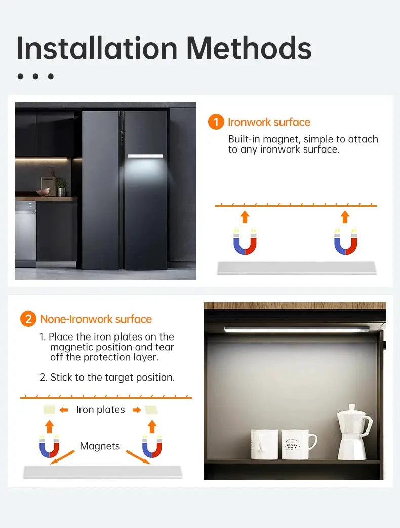LED motion sensor under-cabinet light by Simples Market; wireless USB kitchen cabinet lighting with installation diagrams.