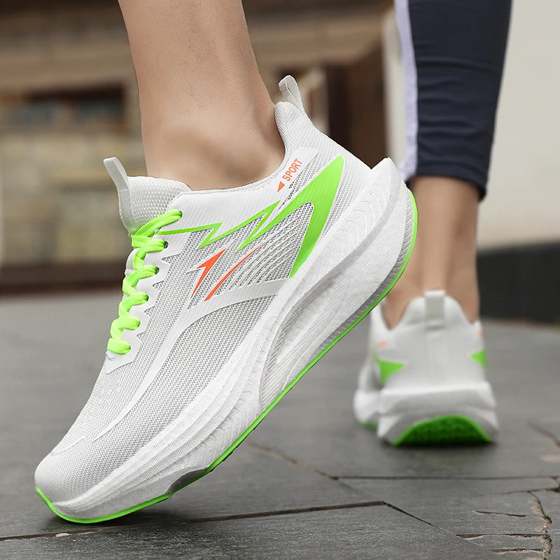 Simples Market white running shoes with neon green laces and lime sole, breathable mesh upper.