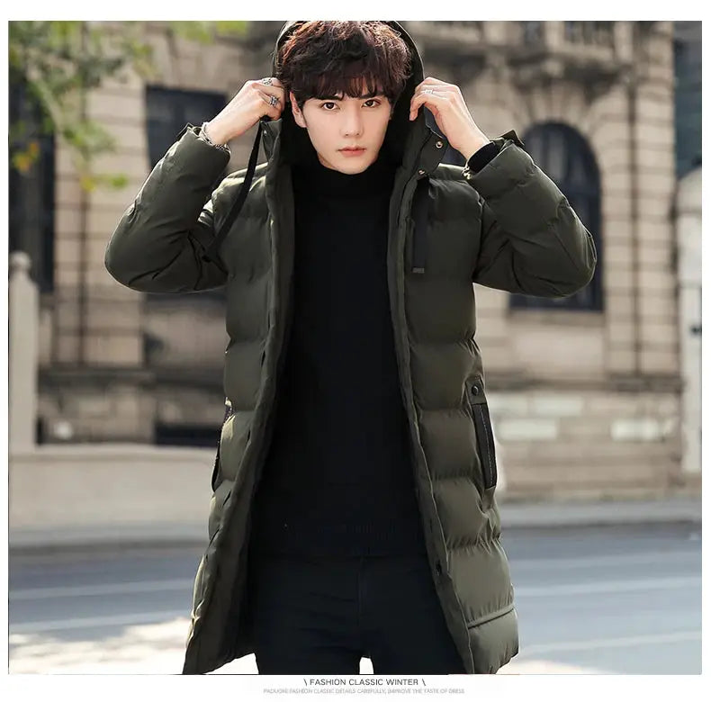 Men's mid-length hooded puffer jacket by Simples Market in olive green; cotton-padded winter coat