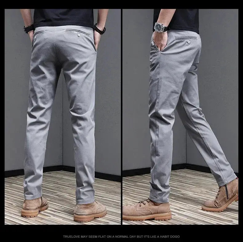 Men's casual pants, gray stretch cotton, slim-fit trousers