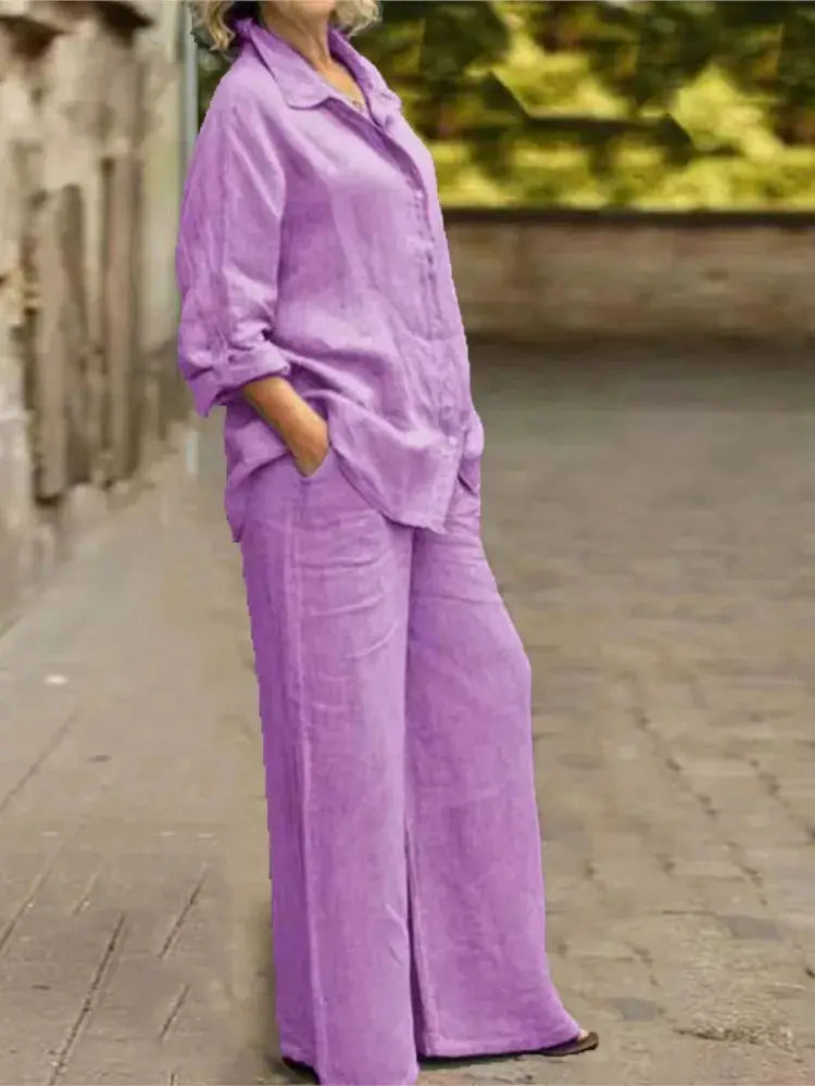 Cotton Linen Shirt Two Piece Set For Women With Wide Leg Trousers