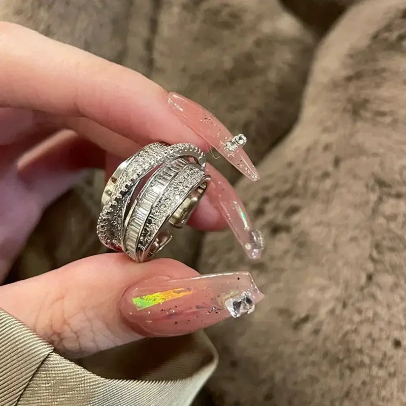 Exaggeration Punk Metal Ring Set for Women; three-layer ball-shape silver-tone bands with crystal accents, adjustable.