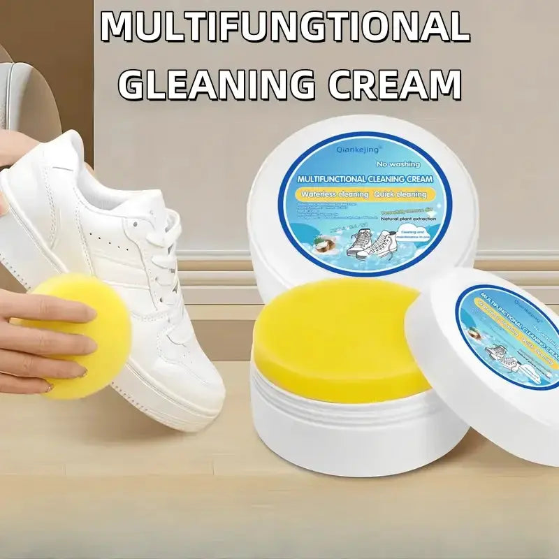 White Shoe Cleaner Paste by Simples Market; multi-purpose whitening for faux leather and shoes, with two containers and yellow sponge