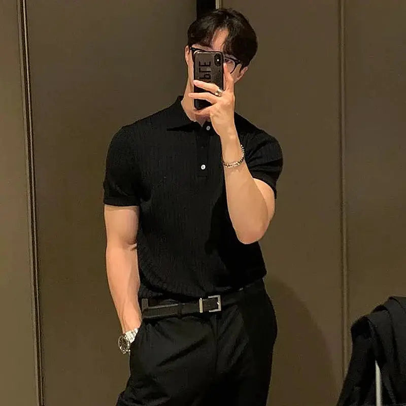 Men's knit polo shirt, black, short sleeves, classic polo collar