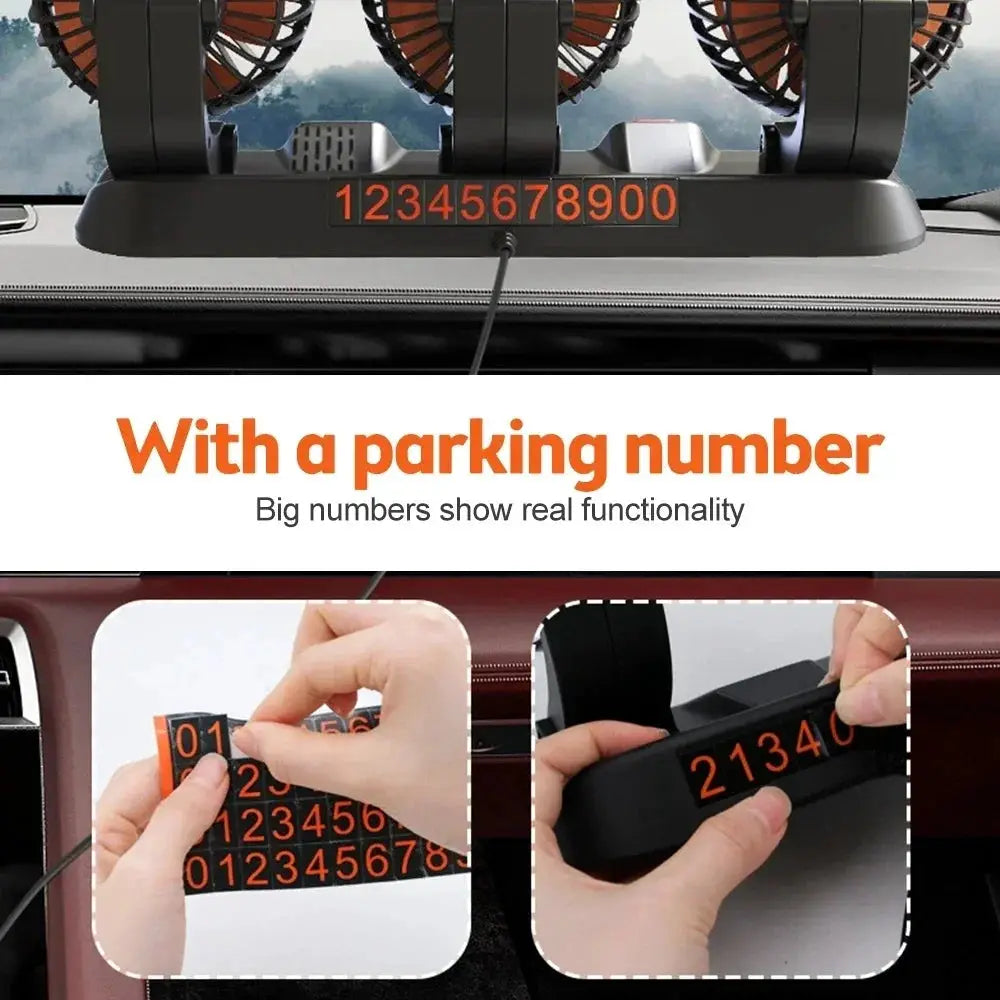 Car fan with 3 heads, 360° adjustable, USB/12V/24V, two speeds for car, desk or home