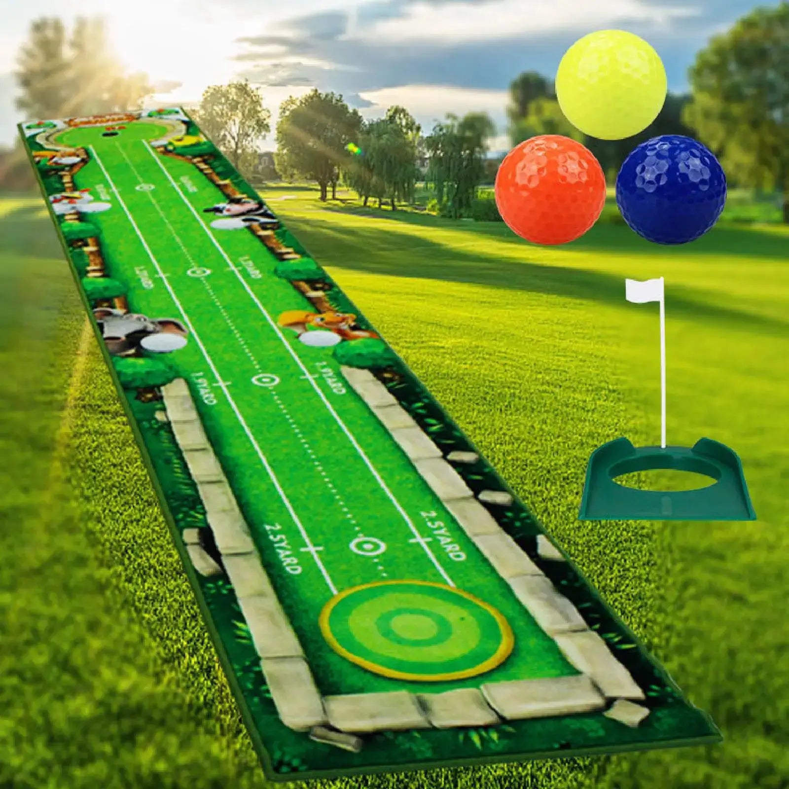 Golf putting mat with bright green turf, end target rings, and three colored practice balls on a lawn