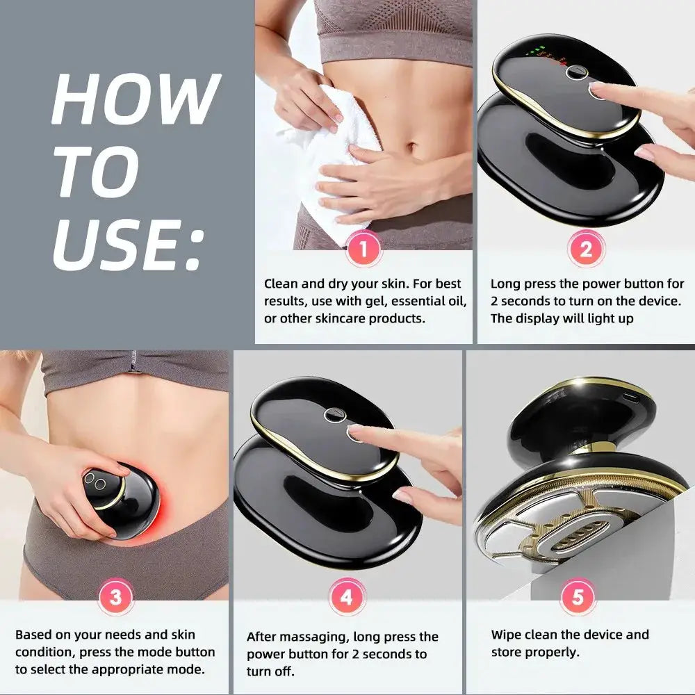 Simples Market 4-in-1 cordless cellulite massager, black device with gold trim, shown with step-by-step use.