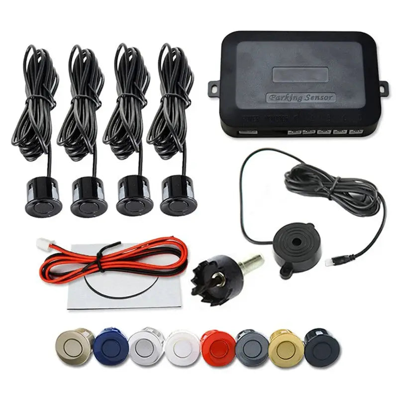 Car parking sensor kit Risingon 12V 4-sensor by Simples Market with control module, buzzer, wiring, and color caps.