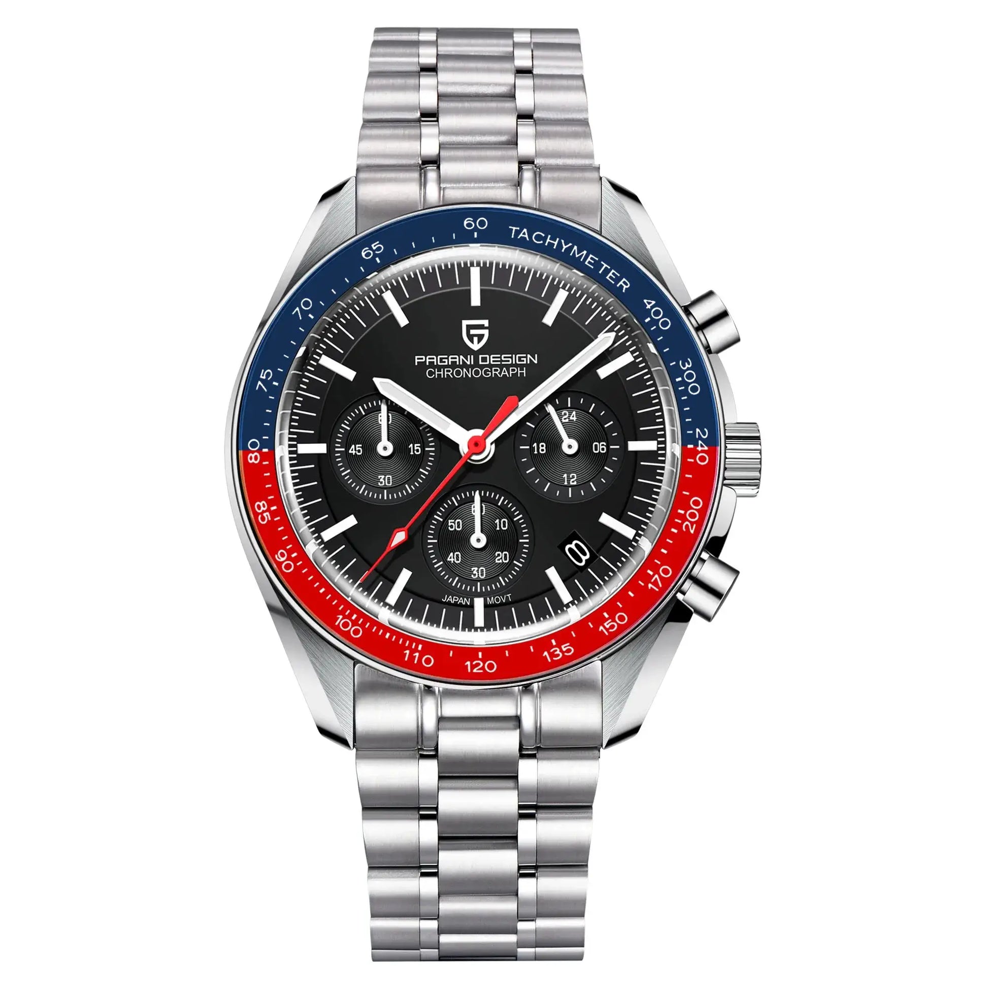 PAGANI DESIGN chronograph men's watch with stainless steel bracelet and blue-red tachymeter bezel