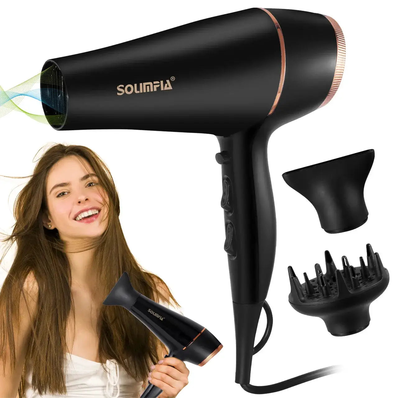6-level professional hair dryer, black with rose-gold trim, includes diffuser and concentrator attachments