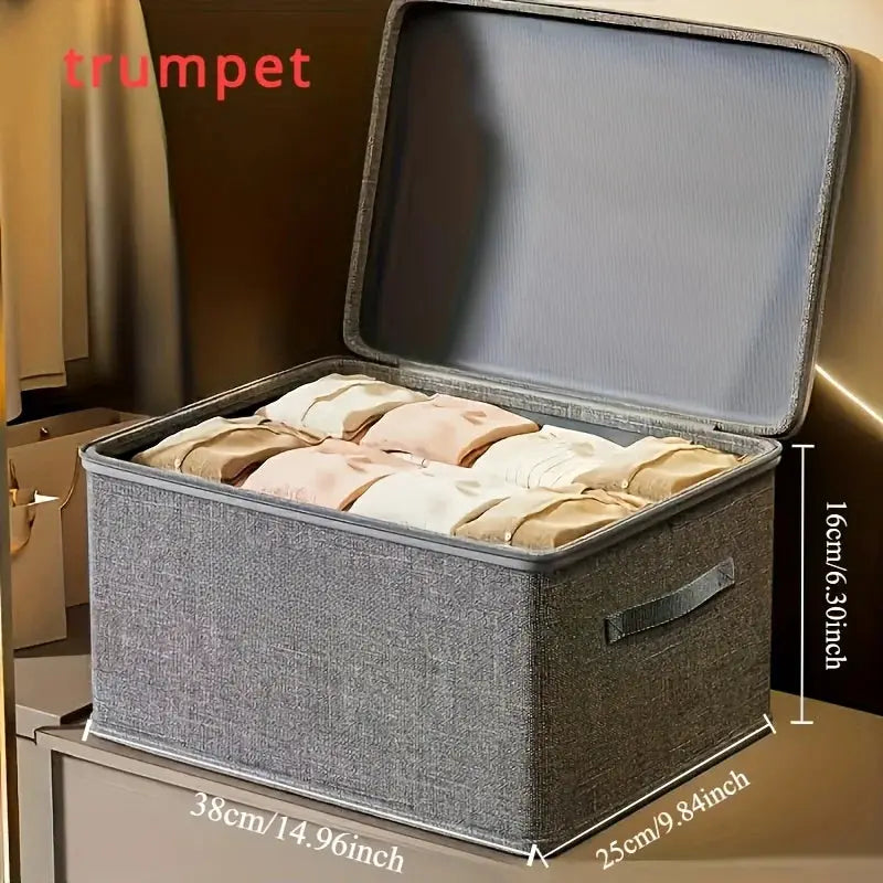 Foldable fabric storage box with cloth cover, gray, large capacity for quilts and underwear; lid open.
