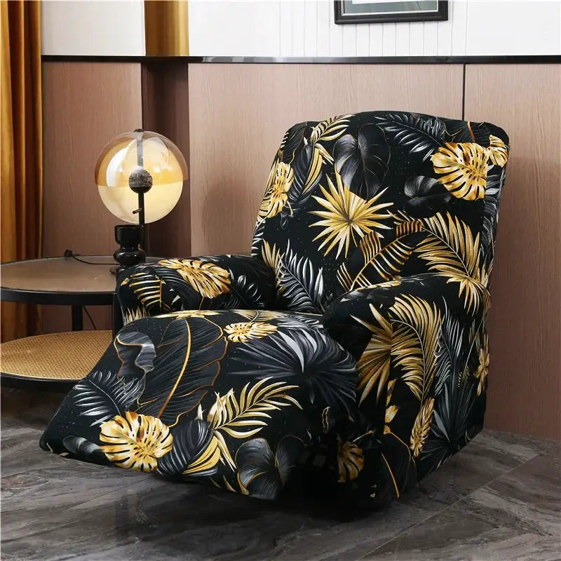 Recliner chair cover by Simples Market with black tropical leaf print and gold-yellow foliage