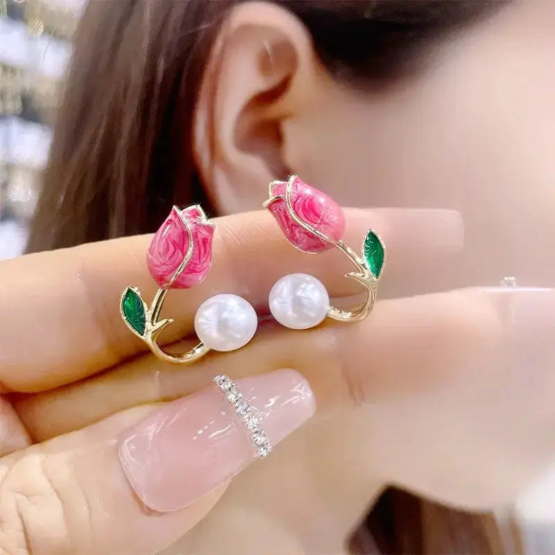 ZAKOL Fresh Rose Stud Earrings With Imitation Pearl Sweet Pink Tulip For Women Trendy Jewelry