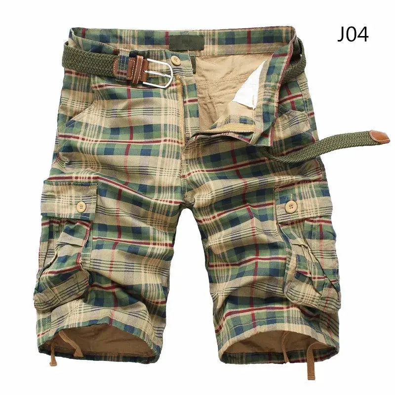 Men's plaid cargo shorts with brown belt, beige-green pattern and multiple pockets