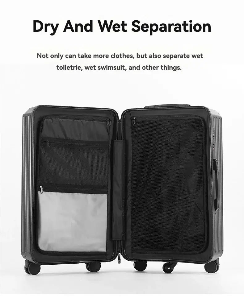 Gray hard-shell luggage carry-on with dual interior compartments, mesh pockets, 4-wheel spinner, 20/24/26/28 inch