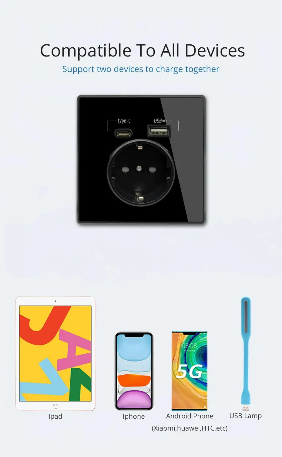 Simples Market 20W PD Type-C USB wall outlet on black acrylic mirror panel with EU socket and USB charger holder