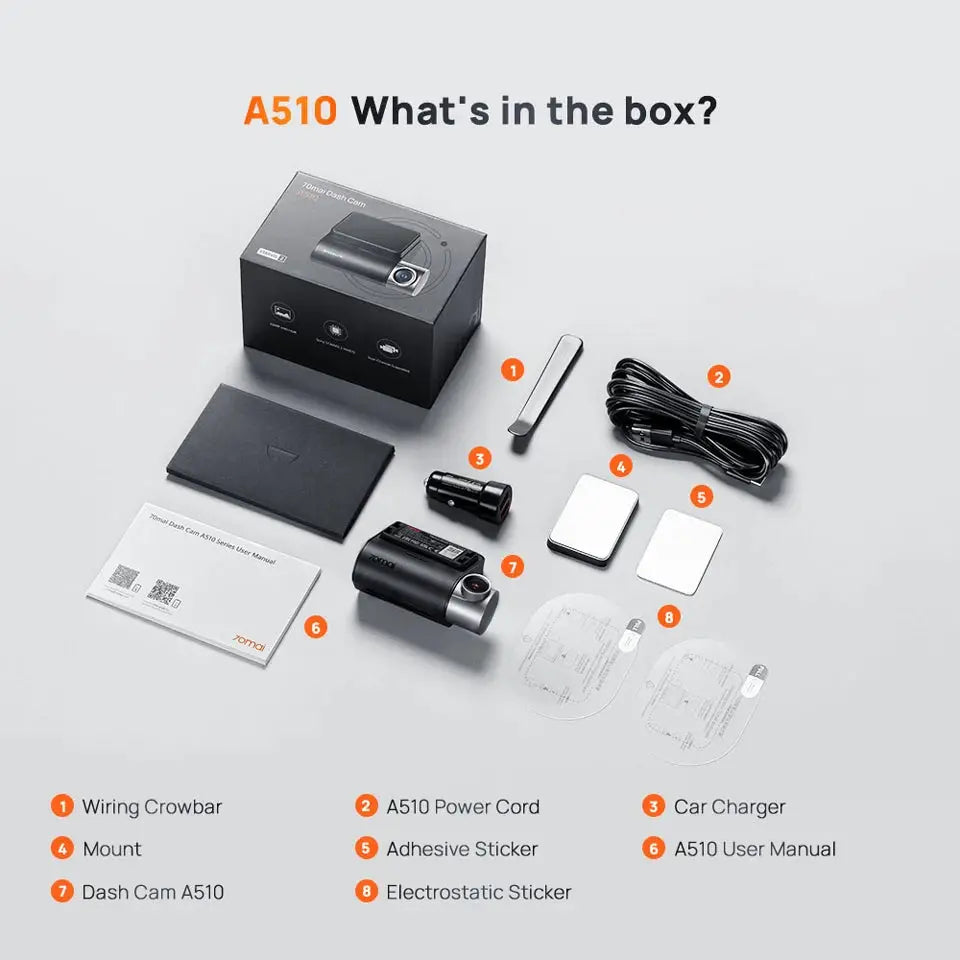 70mai A510 dash cam kit with 8 items including dash cam, mount, power cord and car charger