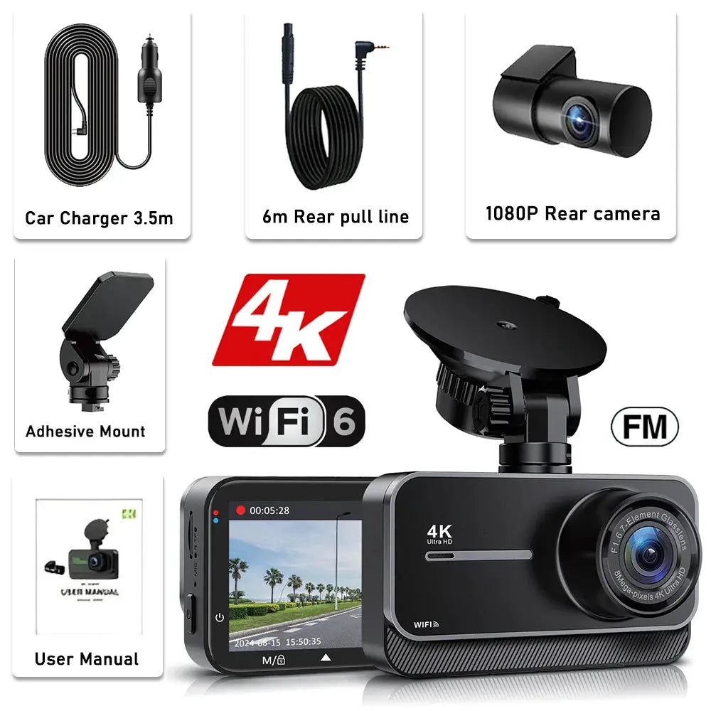 Simples Market 4K dash cam for cars; front 4K + 1080p rear, black, WiFi 6, adhesive mount, cables