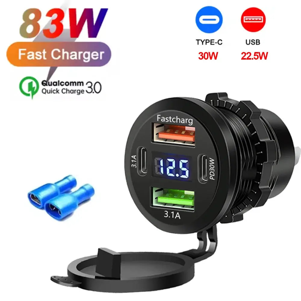 117W Dual PD USB Car Charger With Dual QC 3.0 Ports Voltmeter Waterproof 12V 24V Power Outlet For Car Boat