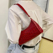 Red alligator-pattern PU leather handbag with crossbody strap