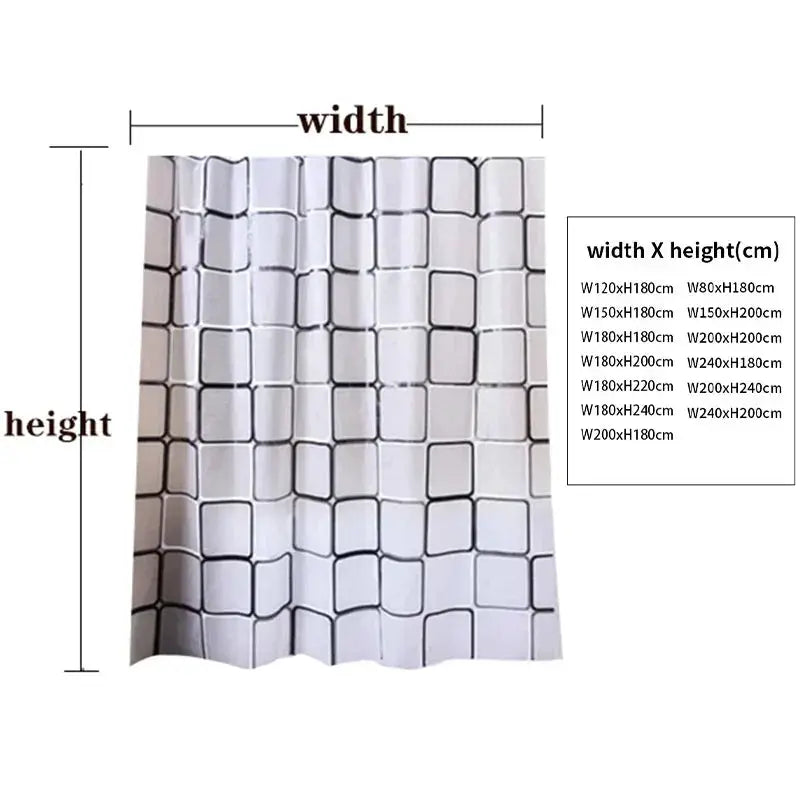 Shower curtain with hooks, Simples Market PE EVA fabric in white geometric square pattern; waterproof.