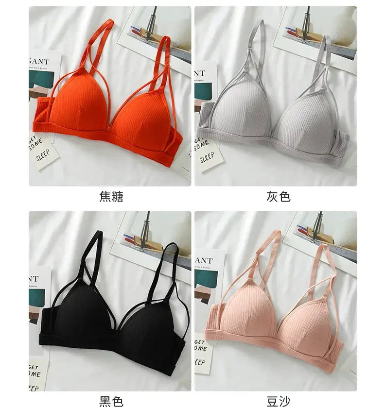 Simples Market wire-free bralette bra, ribbed triangle cup; four color options pictured