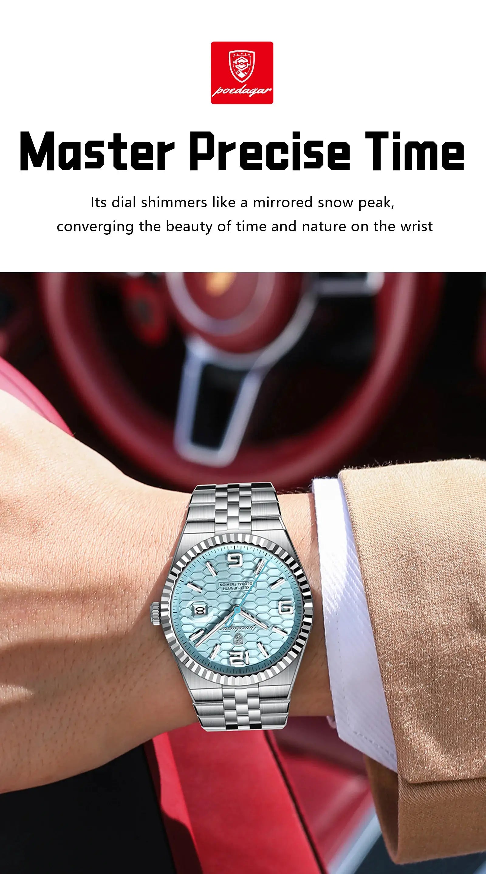 POEDAGAR stainless steel men's watch with blue dial, date window and luminous hands, waterproof
